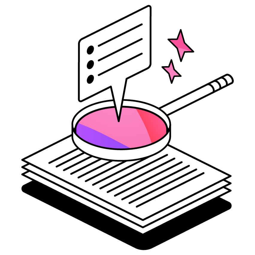 Magnifying glass over a stack of paper, with speech bubble and stars