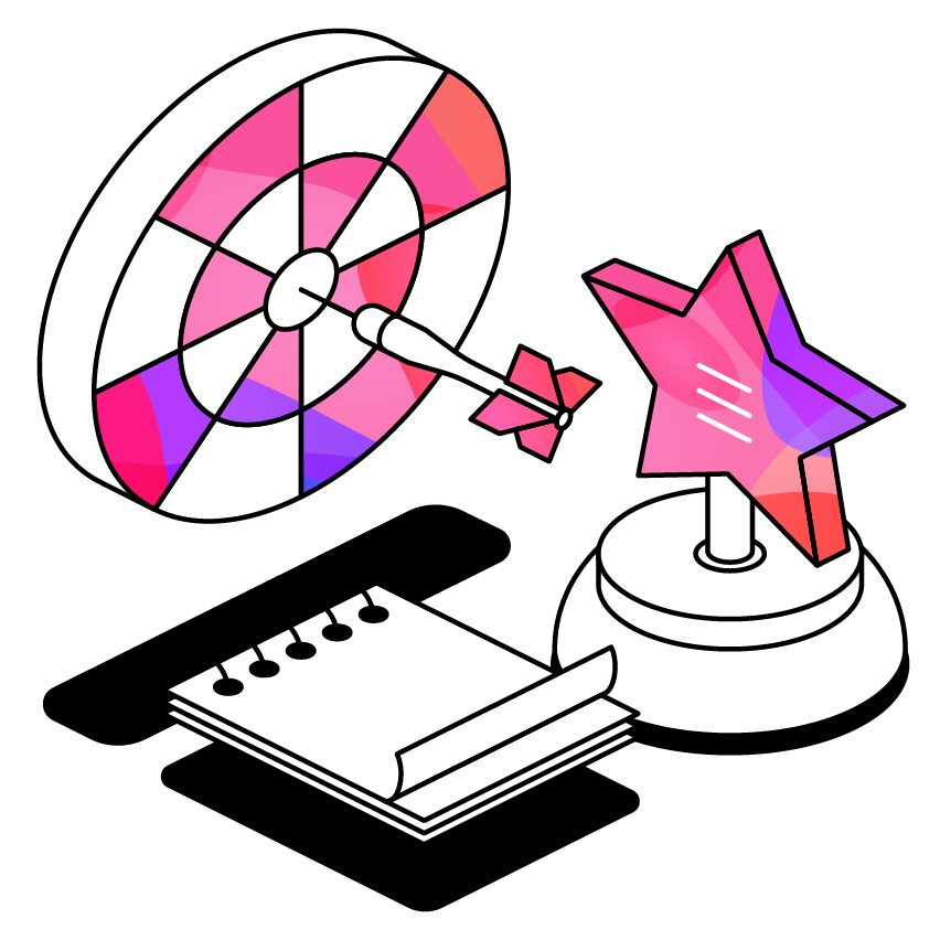 Dartboard next to a star trophy and notepad