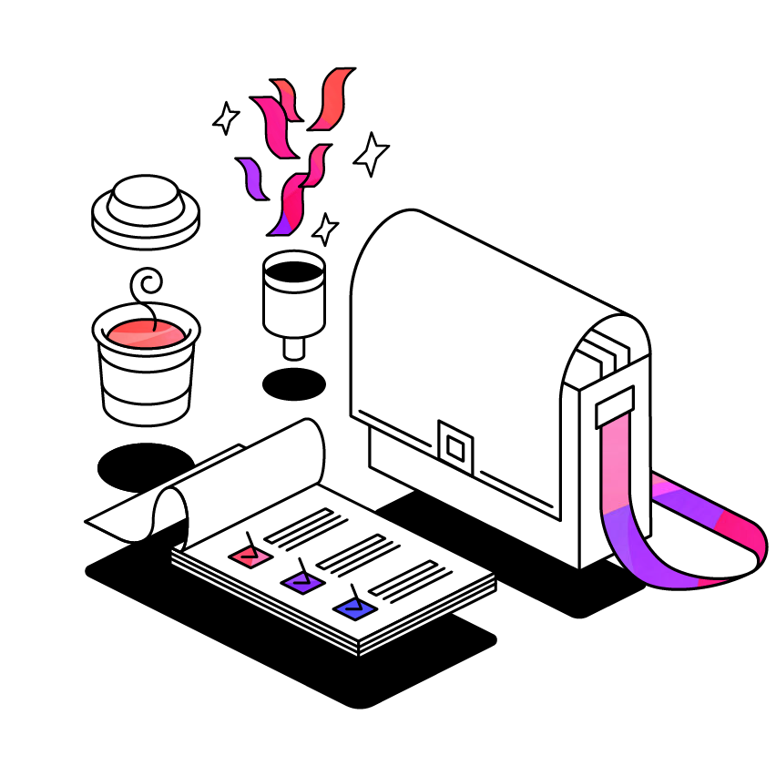 coffee cup with lid off next to a tick list, satchel and party popper