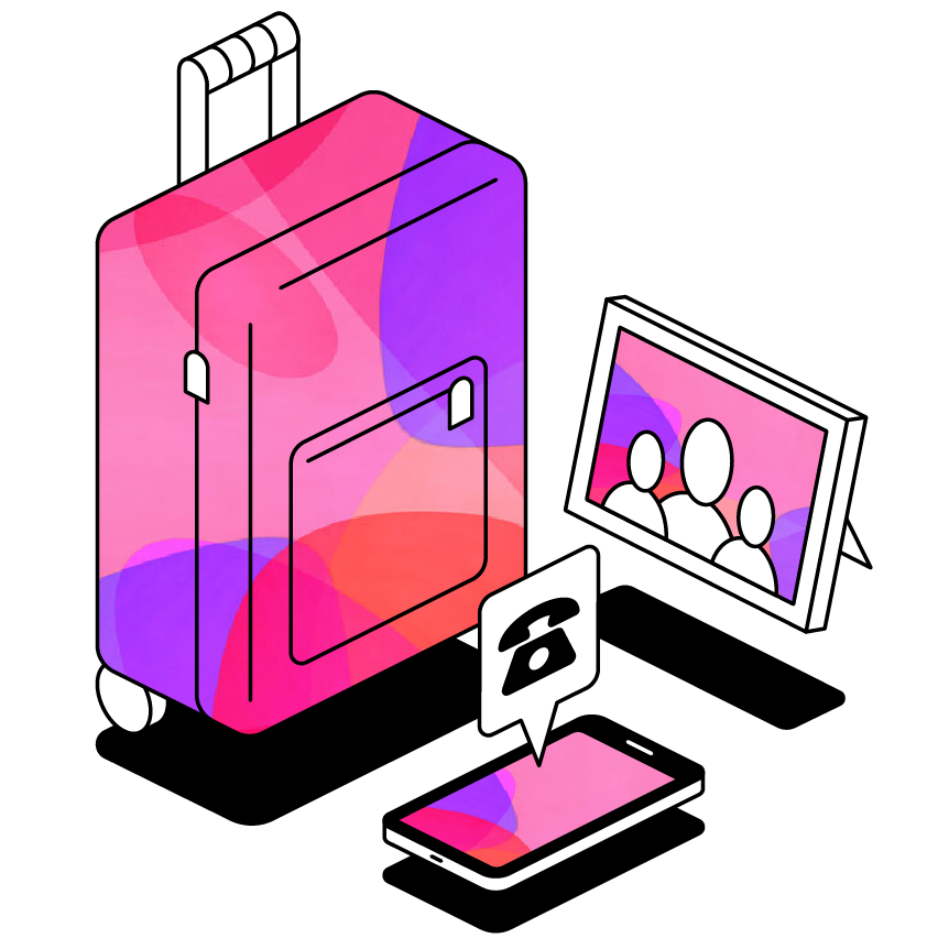 Suitcase, framed photo and phone