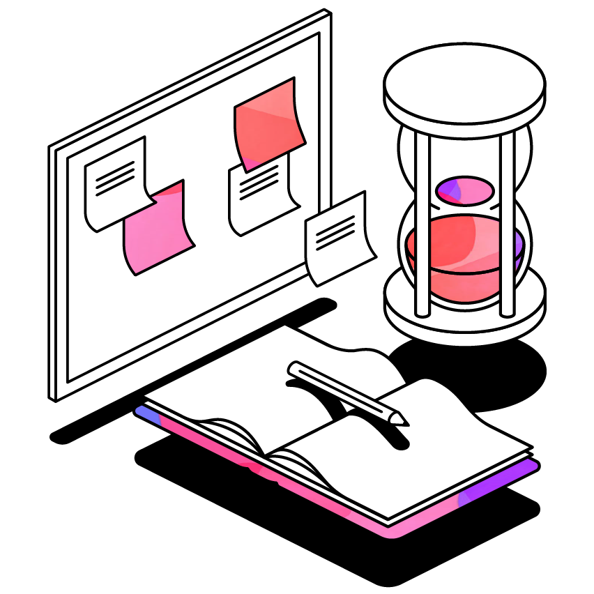 Sticky notes on a board next to a sand timer and open notebook