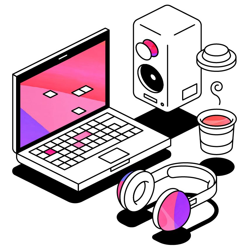 A speaker next to a coffee cup with lid removed, pair of headphones and a laptop