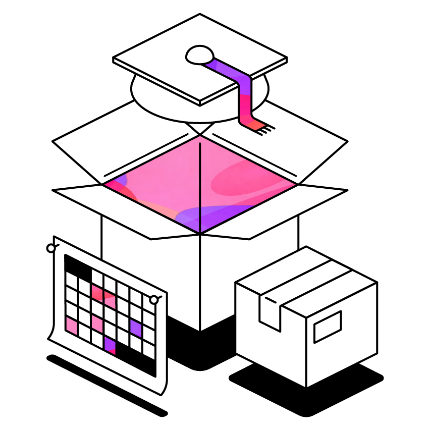 Box opening with graduation cap emerging, next to a smaller box and calendar