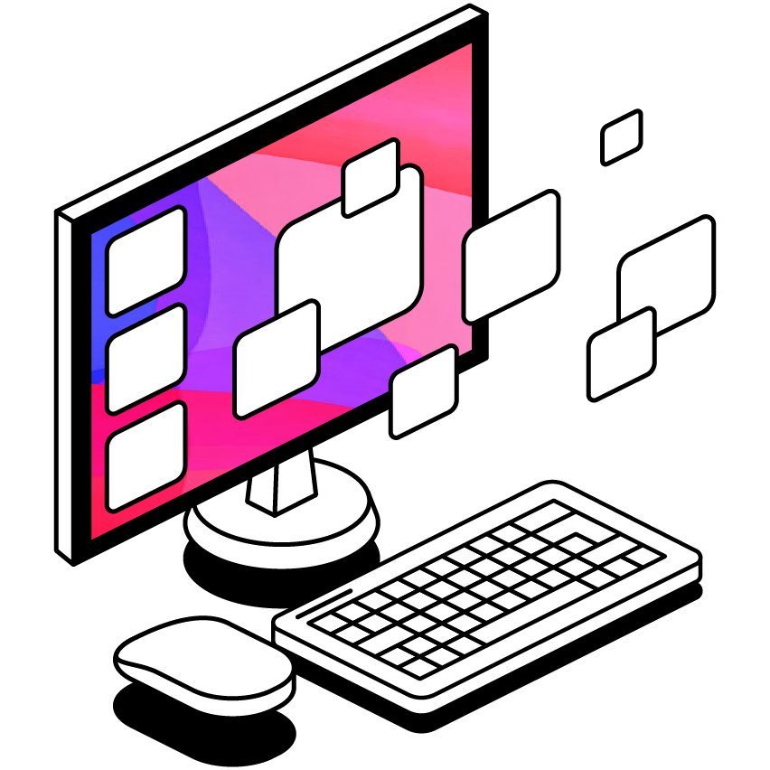 Monitor with information bubbles, keyboard and mouse.