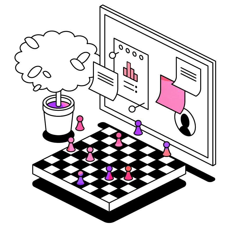 A cartoon style chess board beside a pin noticeboard and small potted tree