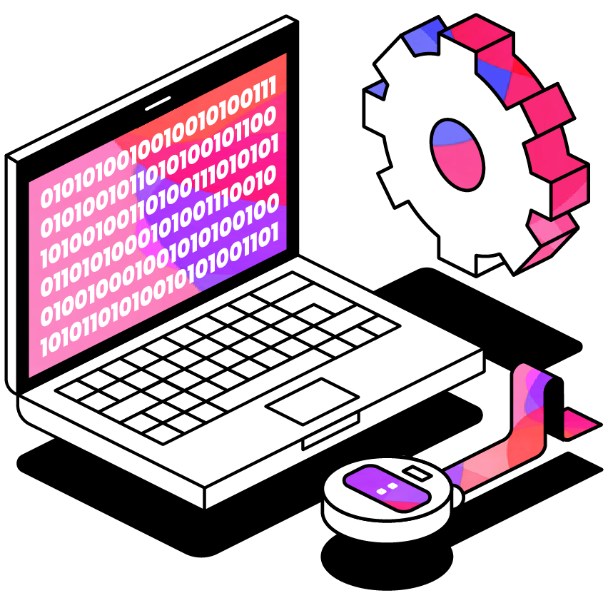 Illustrated laptop with code and cogs