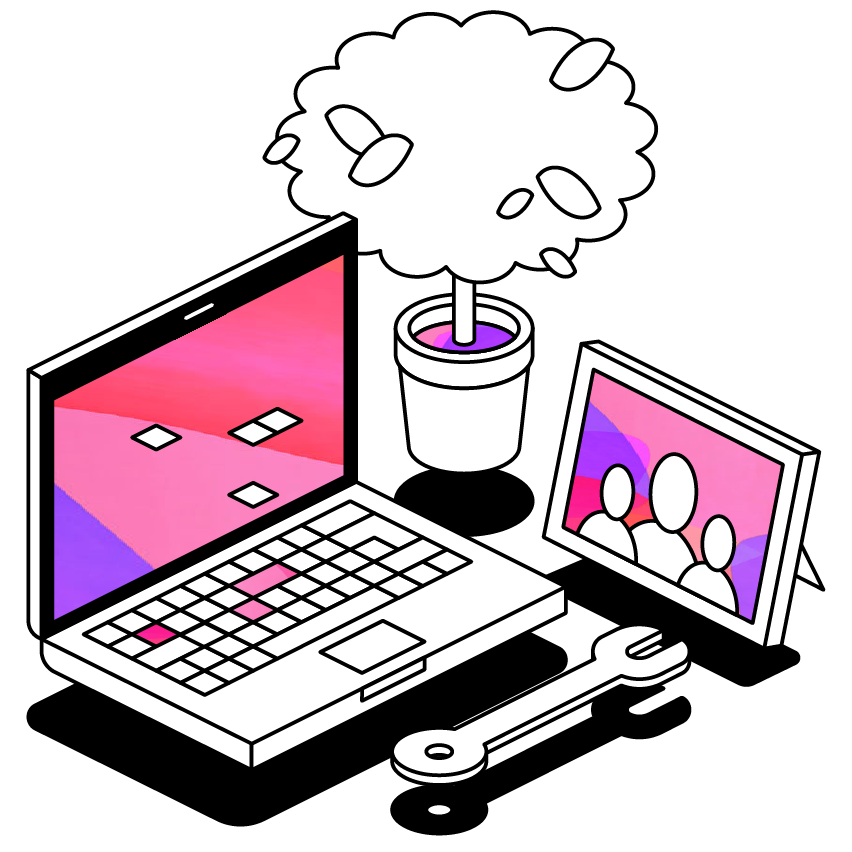 Illustration Of A Laptop, Picture Frame And Small Plant