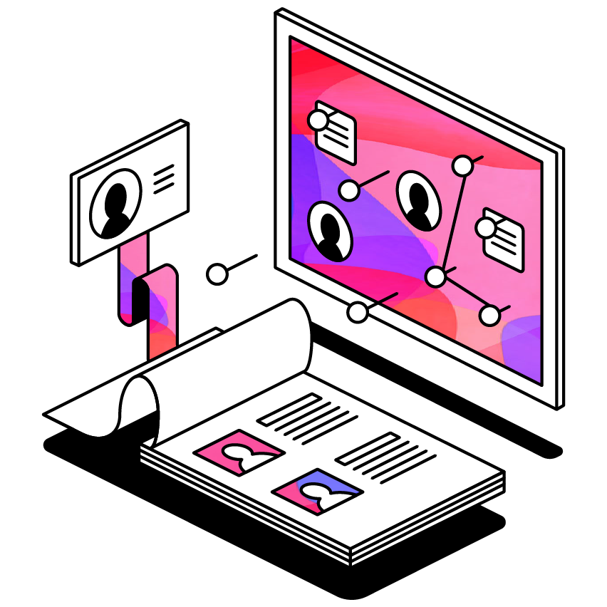 Illustration Of A Board With Different Pins On It And A Notebook With Head Icons And Lines Indicating Text